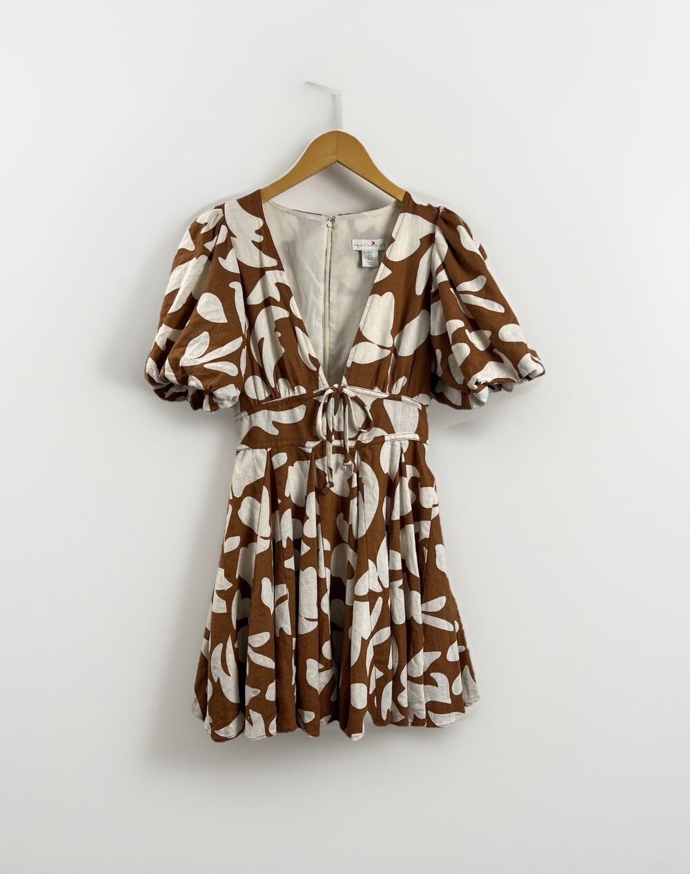 House of Harlow 1960 Mini Dress Puff Sleeve Tie Front Floral Linen Blend Size 0